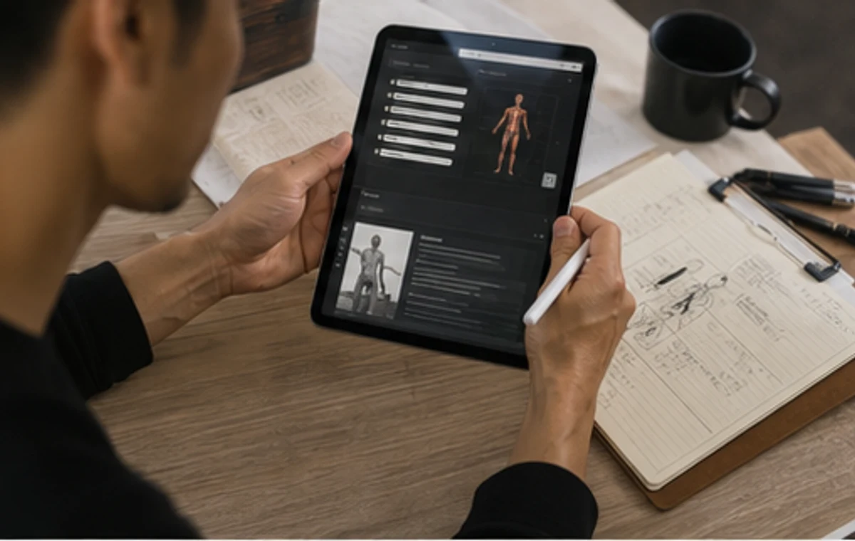 タブレットでAI出力と専門的なメモを確認する様子