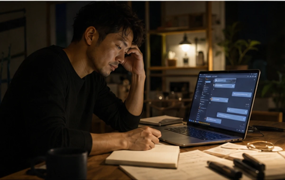 夜にAI画面を見ながらノートを書くトレーナー