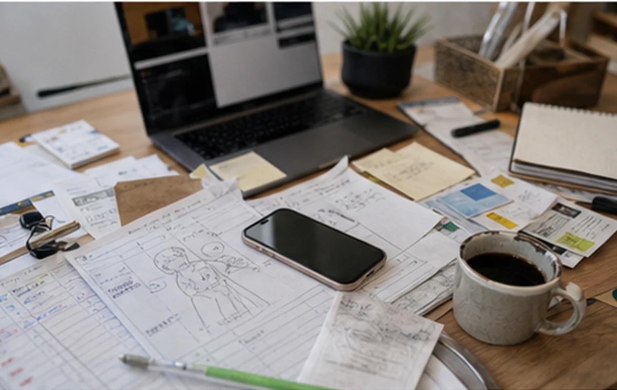 手書きメモ、予約表、スマホ、コーヒーが散らかった作業机