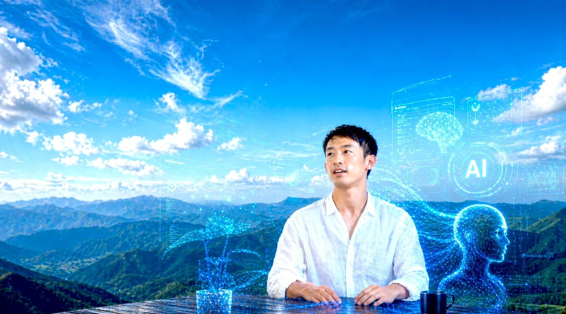 山間の風景とAI演出を背景にノートPCを前にする宣材写真